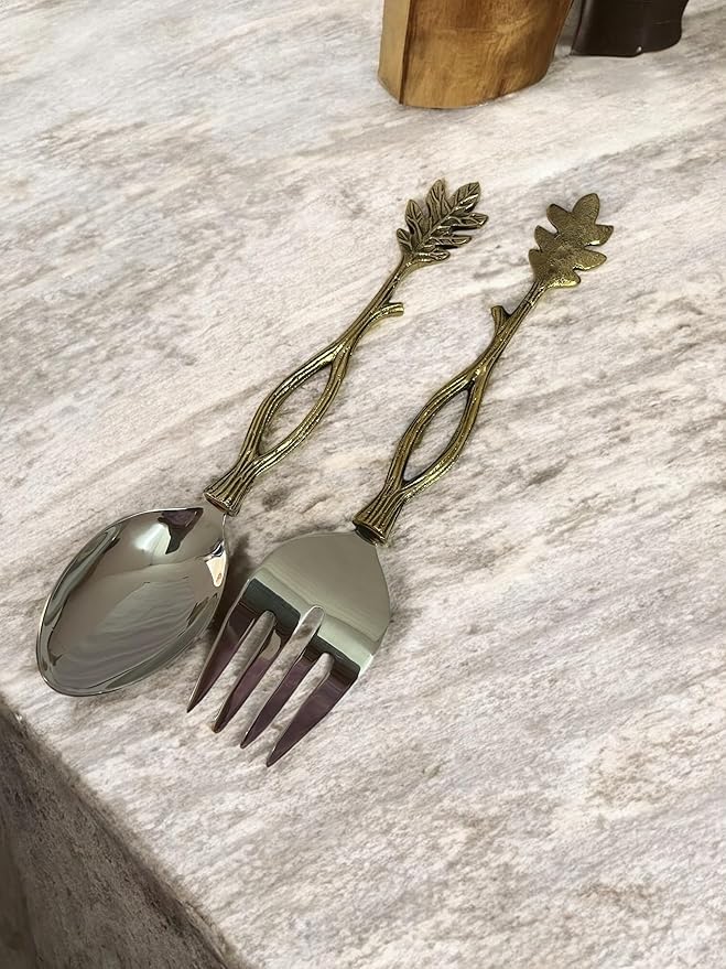 Gold Salad Serving Spoon and Fork Set – Stainless Steel with Decorative Leaf Handle – Elegant 2-Piece Flatware Set for Salad, Pasta, Fruits (11.5" Inches)