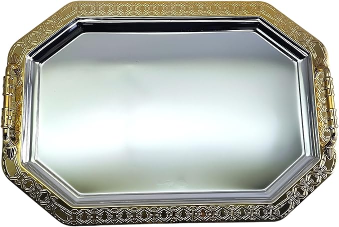 (Pack of 2) 20.8 inch x 14.4 inch Octagonal Chrome Plated Silver Serving Tray with Handles Mirror Iron Gold Edge Floor Pattern Engraved Party Buffet Wine Platter Plate TTL-016