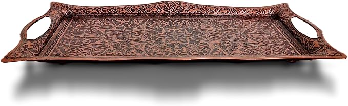 Metal Serving Tray with Raised Edges, Vintage Design Tray, Rectangular Metal Serving Tray, Decorative Serving Platter, Turkish Ottoman Coffee Tea Beverage Serving Square Tray (Aged Brown)