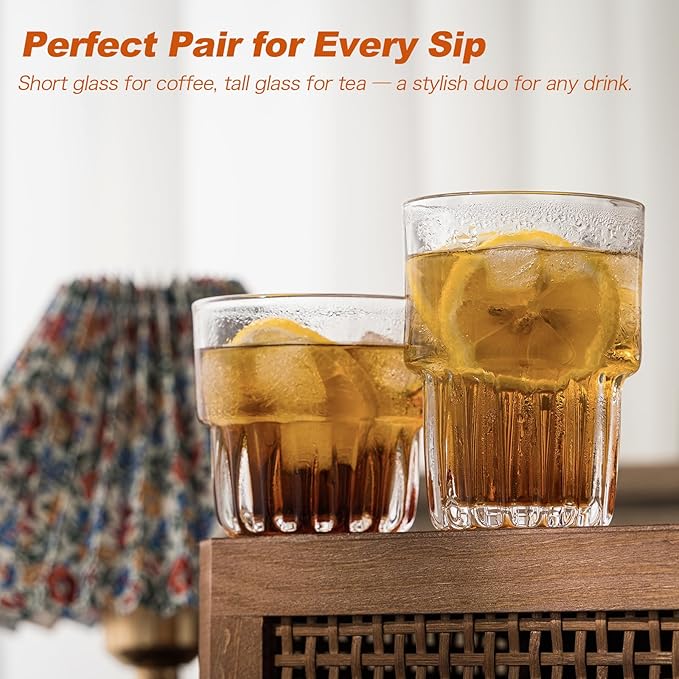 Scidea 11oz Drinking Glasses Set of 4, Juice Glasses Stackable Tall Glass Mugs for Tea Iced latte Coffee Glass, Beer Glasses, Cocktail Glasses,Water glasses for bar, restaurant
