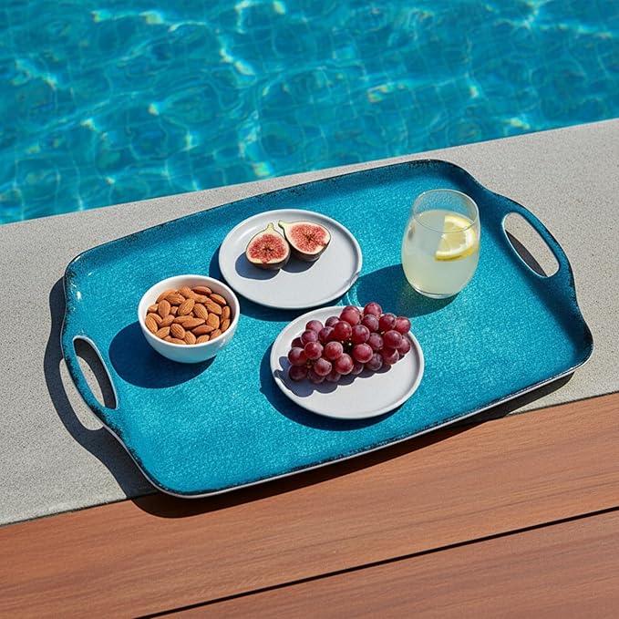 TP Large Serving Trays with Handles, 19" x 12" Melamine Serving Platters for Food, Turkey, Set of 2 Rectangular Trays for Party, Retro Teal