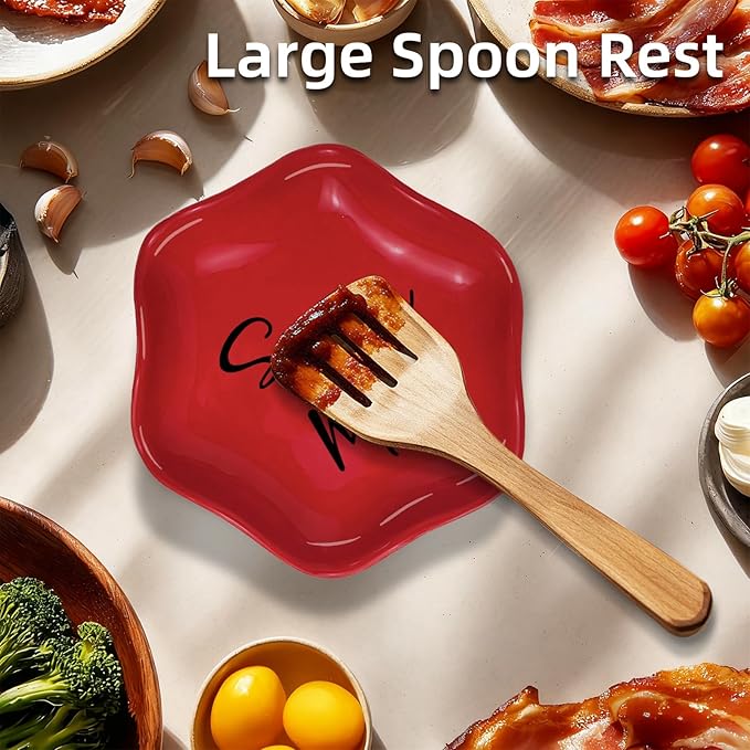 Funny Ceramic Spoon Rest for Kitchen Counter Stove Top, 5.8 Inch Heat-Resistant Utensil Holder for Cooking, Spoons, Ladles, Tongs, Cute Kitchen Decor, Housewarming Gift for Women Men (Red)