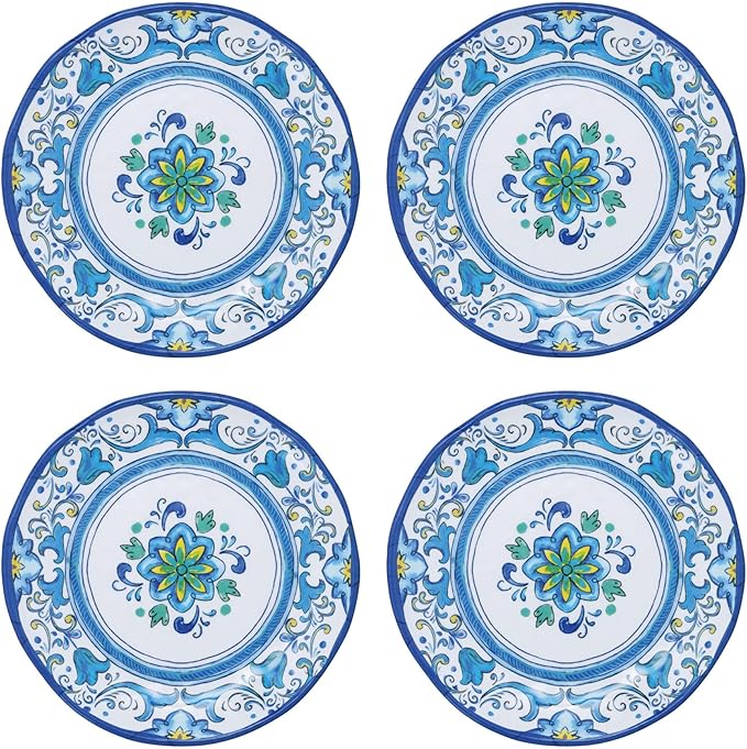 UP UPware Blue Floral Melamine Round Dessert Plates, Small Serving Plates, for Appetizer, Snacks, and Side Dishes, Blue, 6 Inch, Set of 4