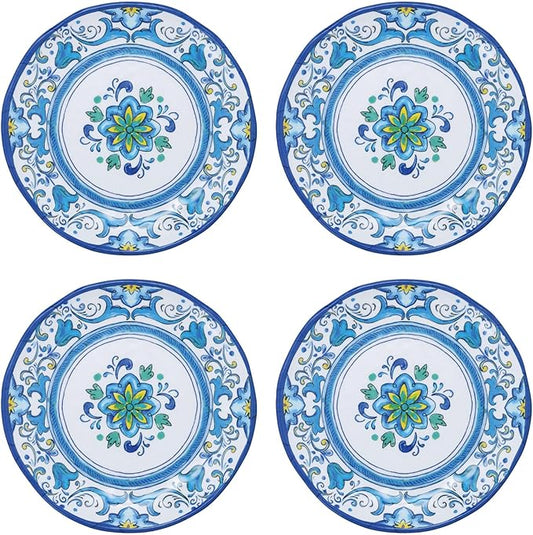 UP UPware Blue Floral Melamine Round Dessert Plates, Small Serving Plates, for Appetizer, Snacks, and Side Dishes, Blue, 6 Inch, Set of 4