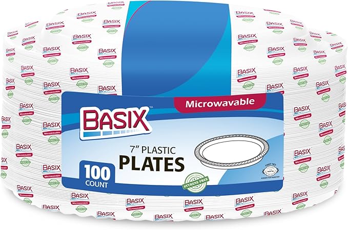 Basix [200 Count] Disposable 7 inch White Plastic Luncheon Plates, Microwavable, Great For Events, Home, Office, Wedding, Parties, or Everyday Use, 2 Packs