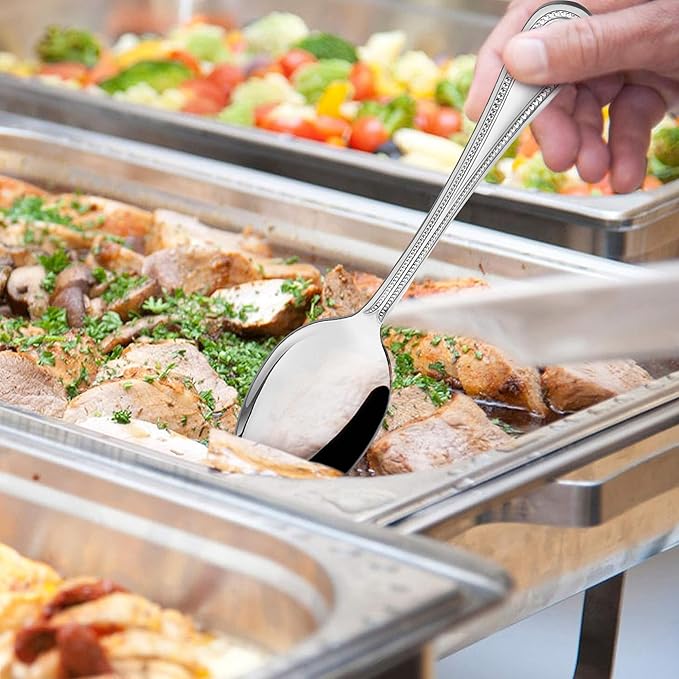 HaWare 6 Pieces Serving Spoons, Stainless Steel Silverware Serving Utensils, Pearled Edge Hostess Silverware for Buffet Party Kitchen Restaurant, Mirror Finished & Dishwasher Safe