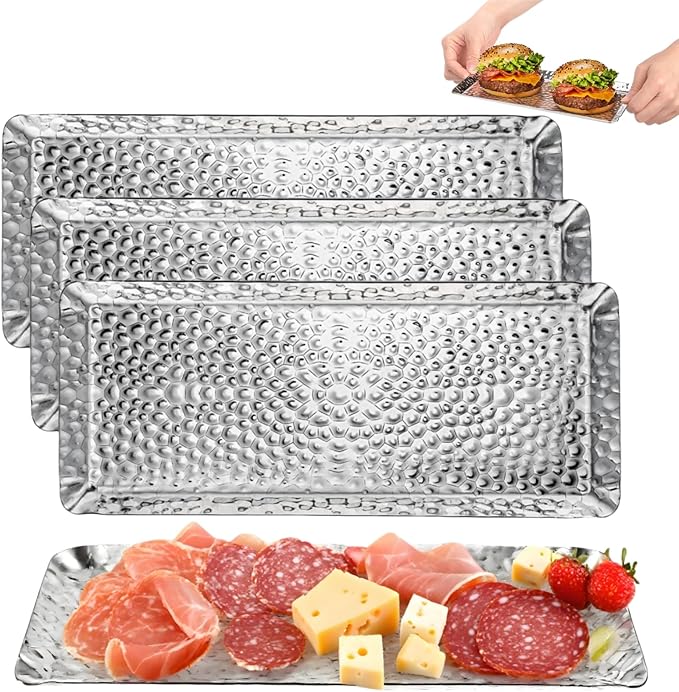 4 Pieces Hammered Silver Tray, Small Stainless Steel Appetizer Platter, 9.8 Inch Decorative Jewelry Dish Vanity Organizer for BBQ, Towel, Candle, Perfume, Cosmetic