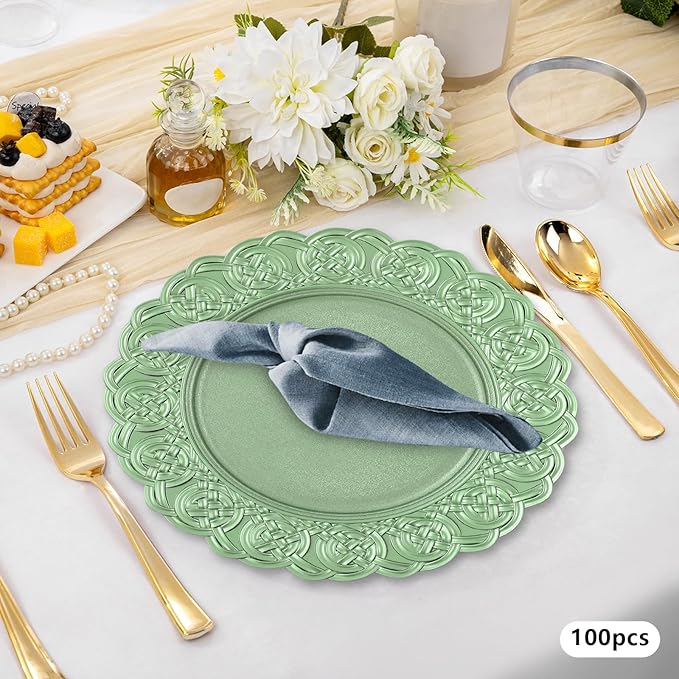 100 Pcs Antique Charger Plates Bulk 13 Inch Embossed Rim Plastic Party Dinner Plate Chargers Round Decorative Server Plate for Wedding Party Event Tableware (100pcs-green)