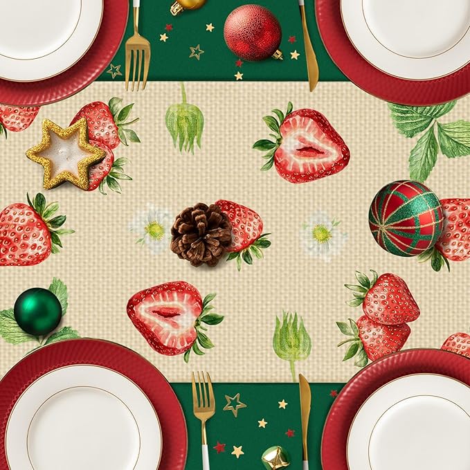 Strawberry Table Runner Seasonal Spring Kitchen Dining Linen Table Decoration for Indoor Outdoor Home Party Decor 13 x 72 Inch