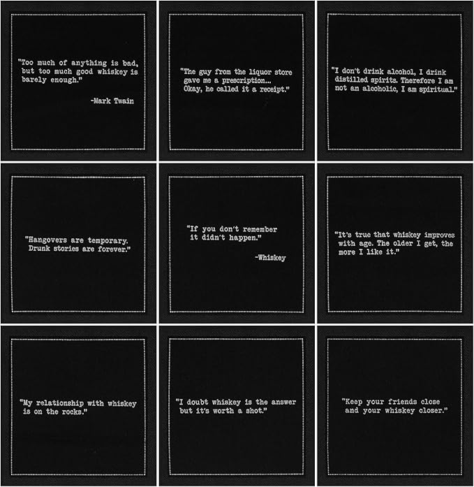 Five Star Funny Whiskey Quotes | Black Cotton Cocktail Napkins | 50 Luxury Disposable Beverage Napkins with Witty Bar Quotes | Drink Napkins for Parties, Bars, Weddings & Game Nights