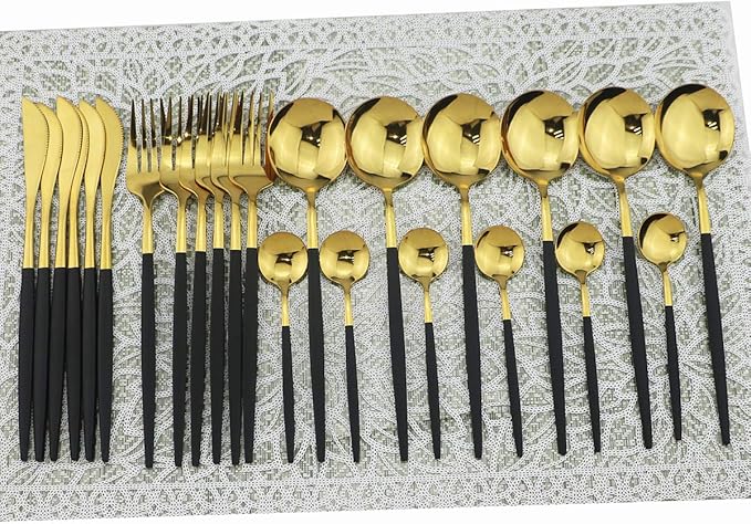 Shiny Silverware Sets, 24-Piece Elegant Cute Black Handle Gold Cutlery set,304 Stainless Steel Silverware Set for Eating Home Kitchen Hotel Restaurant, Sets for 6 People, Dishwasher Safe