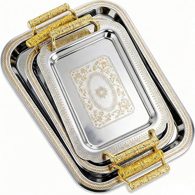 3 Pack Stainless Steel Serving Tray with Gold Handle Silver Metal Plate Platter Coffee Tea Serving Tray Floral Table Platter for Buffet Wedding Party Jewelry(Rectangle)