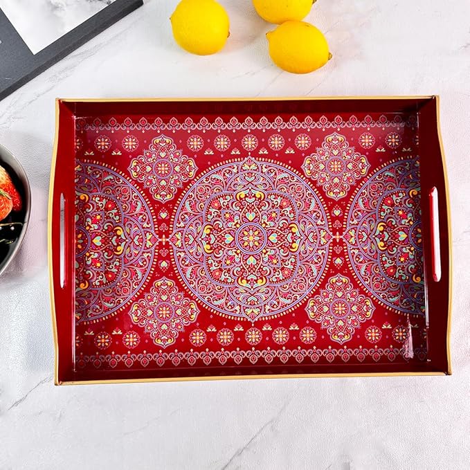 Boho Red Decorative Tray, Serving Tray with Handles, Plastic Tray for Coffee Table, Ottoman - Ideal for Living Room & Bathroom. 15” x 11” x 2.5”
