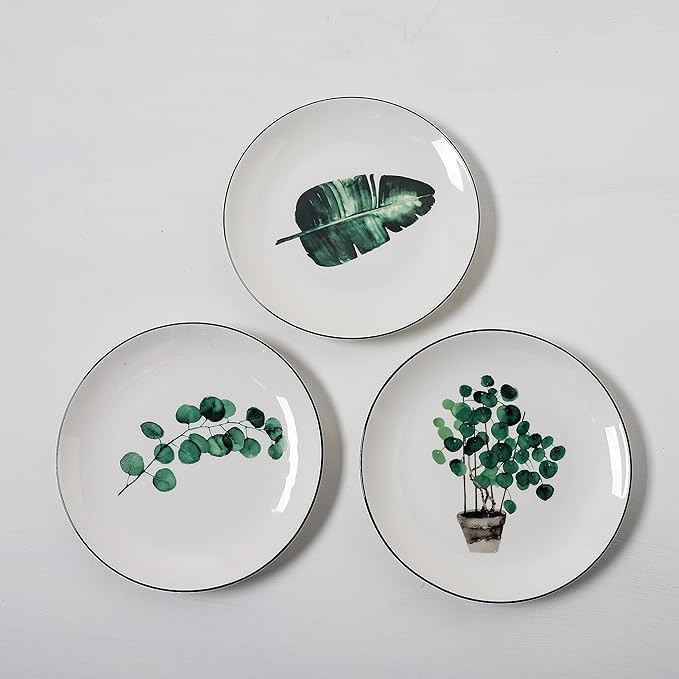 8 Inch Set of 6 Assorted Designs, Porcelain Plates with Plants Pattern, White Ceramic Dinnerware for Steak Luncheon Salad Dessert Serving Bread, Microwave Oven Dishwasher Safe