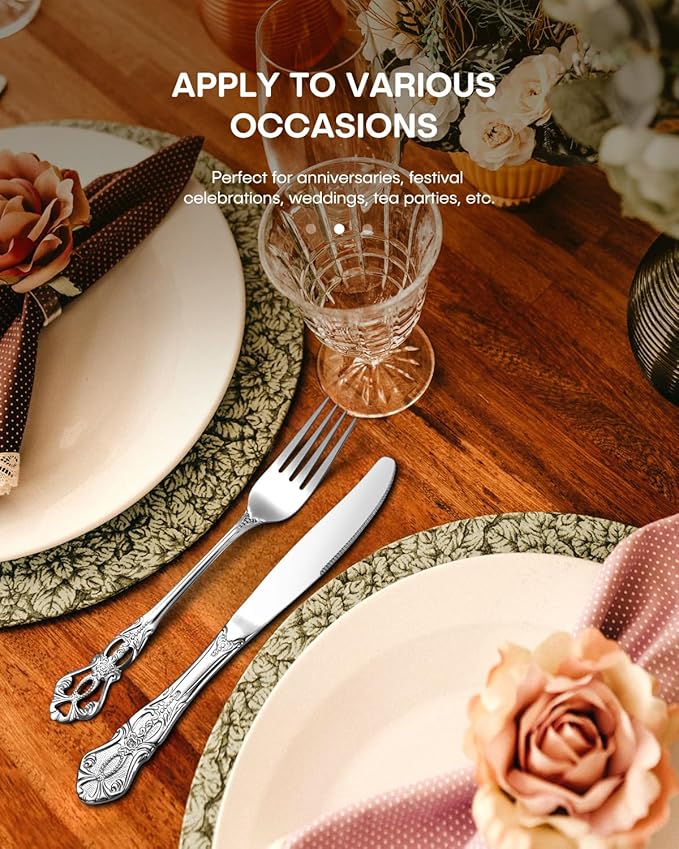 Stapava 60 Pcs Gorgeous Retro Royal Silverware Set, Stainless Steel Cutlery Flatware Set for 12, Include Forks Spoons and Knives set, Dishwasher Safe Utensils Set, Mirror Polished