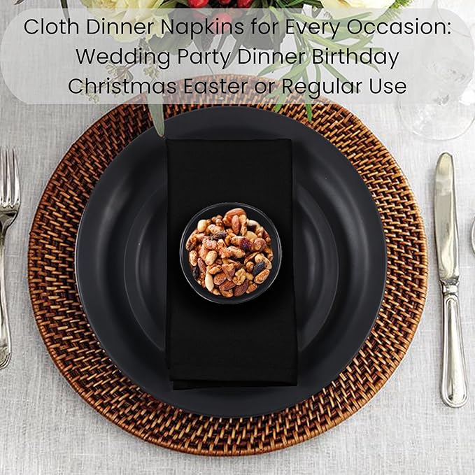 Set of 12 Cloth Dinner Napkins 100% Cotton - Soft Durable Washable - Ideal for Farmhouse Party Weddings Christmas Easter - Perfect Everyday Use Table Linen Cloth Napkins Black 17x17