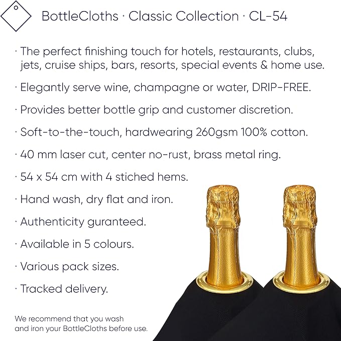 Classic Collection, Bottle Cloth with Metal Ring for Ice Buckets, Cotton, 42 cm, Corner Hole (White with Silver Metal Ring, Pack of 10)