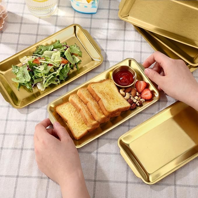 Gold 12 Pcs Small Stainless Steel Serving Tray Bulk 8.66'' x 4.33'' Rectangle Stainless Steel Food Serving Platter with Handle Vanity Tray Decorative Party Plate for BBQ Buffet Appetizer