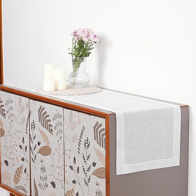D'Moksha Homes Linen White Table Runner 36 Inches - 100% Pure Linen Small Table Runner 14 x 36 Inch Ideal for Dresser, Coffee Tables, Winter, Christmas, Holiday, New Year - Classic Hemstitch