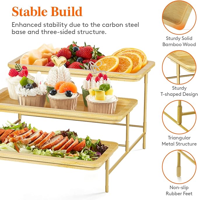 Lifewit 3 Tier Bamboo Serving Tray for Party Supplies, 12" x 6.5" Platters for Serving Food, Reusable Trays with Gold Metal Display Stand for Veggie, Fruit, Cookies, Dessert