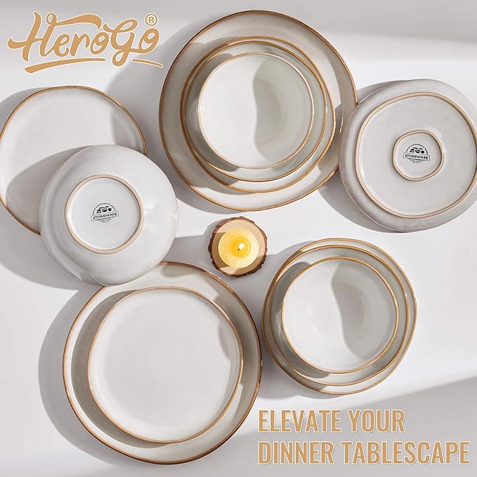 Herogo 24Pcs Plates and Bowls Dinner Set, Stoneware Dinnerware Dishes Sets for 6, Ceramic Dishware Tableware Includes Dinner Salad Plates, Soup Bowls, Microwave & Dishwasher Safe, Pearl White