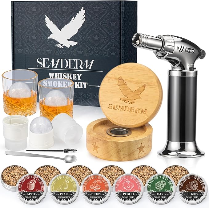 Ultimate Whisky Smoker Kit Old Fashioned Smoker Kit with Torch - 6 Flavor Wood Chips, 2 Glasses, 2 Ice Ball Molds - Cocktail Smoker Kit Gifts for Men, Dad, Bourbon Smoker Kit Lovers (No Butane)