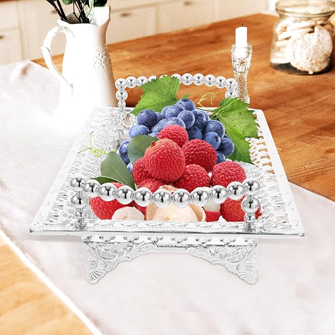 Luxshiny Silver Metal Fruit Tray with Glass Base, Nordic Style Beaded Handle Decorative Snack and Dessert Serving Plate for Home, Hotel, and Party Use
