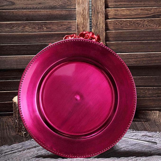 13" Charger Plates -Set of 24 - Acrylic Hot Pink Round Beaded Disposable Chargers, Ideal for Dinner Party Wedding Bulk Events Tabletop Decoration