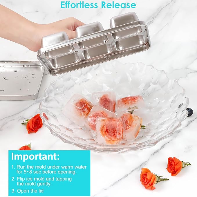 Ice Cube Tray with Lid, 2 Pack 12 Big Cubes, Stainless Steel Ice Cube Trays for Freezer, Ice Cube Molds for Cocktails, Whiskey, Drinks, and Ice Coffee, Easy Release