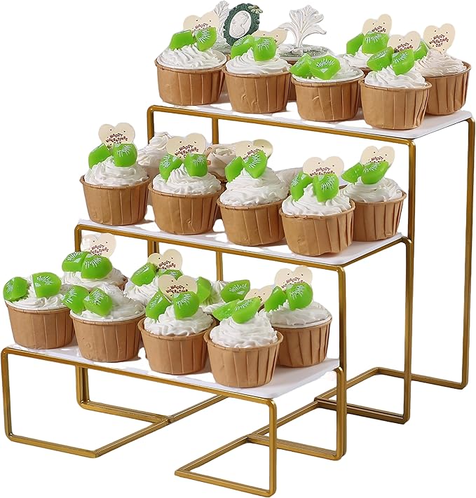 12 Inch 3 Tier Serving Stand Polypropylene Serving Platter Tier Serving Trays with Collapsible Sturdier Rack, Serving Dishes and Platters for Thanksgiving, Christmas, Entertaining, Gold,