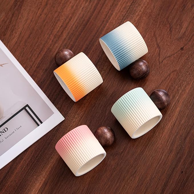 CLASGLAZ Ceramic Mini Espresso Cups Demitasse Cups with Round Wooden Handle Vertical Stripes Tea Cups (Beige&Blue, 2pcs)