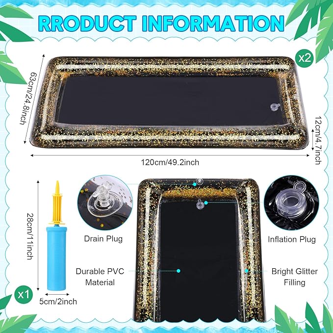 8 Pcs Glitter Inflatable Serving Bar Kit Includes 2 Salad Buffet Tray with Drain Plug 5 Mesh Food Cover 1 Inflator Inflatable Food Drink Containers for Outdoors Pool Party Camping(Black)