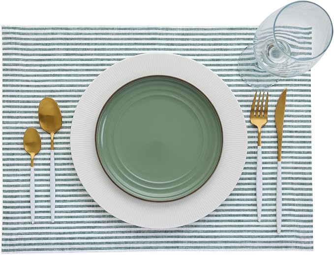 Solino Home Linen Cloth Placemats Set of 4 - Narrow Stripe 100% Pure Linen Rainforest and White Farmhouse Placemats 14 x 19 Inch for Christmas, New Year