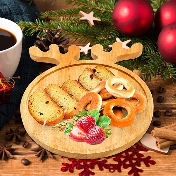 Renawe Christmas Decor Wood Tray 15"x12" Large Round Serving Platters Wooden Charcuterie Board Xmas Dinner Plate Dish Cookies Trays Cheese Board Charger Plates for Christmas Holiday Dessert Platter