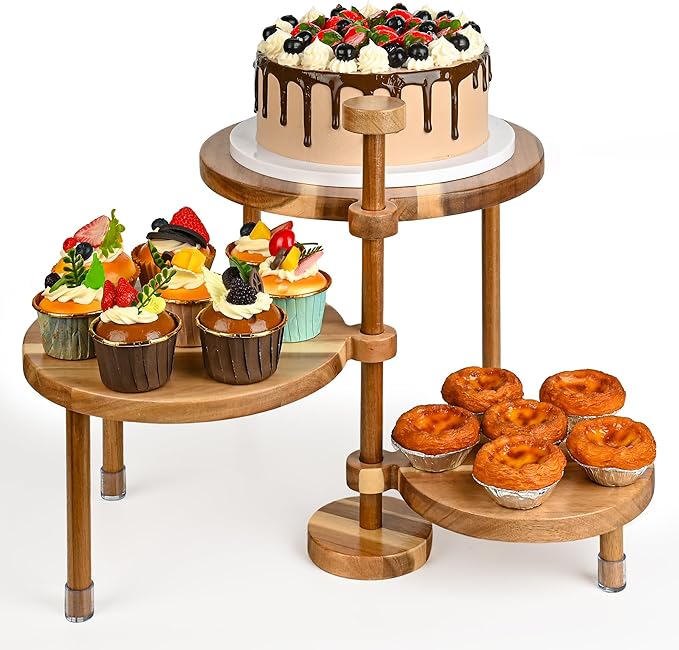 GEHE 3 Tier Round Cupcake Stand, 360° Rotatable Acacia Wood Cake Stand Cupcake Tower, Rustic Wooden Tiered Dessert Table Display Set, Tiered Tray Stands for Birthday, Wedding Party