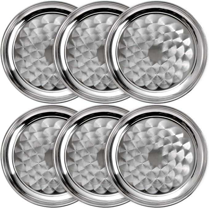 ZEAYEA 6 Pack Stainless Steel Round Tray, 12 Inch Bar Serving Tray with Swirl Pattern, Silver Display Serving Platter, Round Metal Tray for Coffee Table, Party, Club, Home, Ottoman