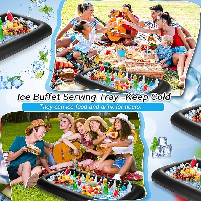 Leitee 3 Pcs Inflatable Serving Bar 52 x 24 x 5'' Ice Buffet Serving Tray Drink Cooler with Drain Plug Inflatable Pool Bar for Party Food Drink Holders with a Hand Pump(Black)