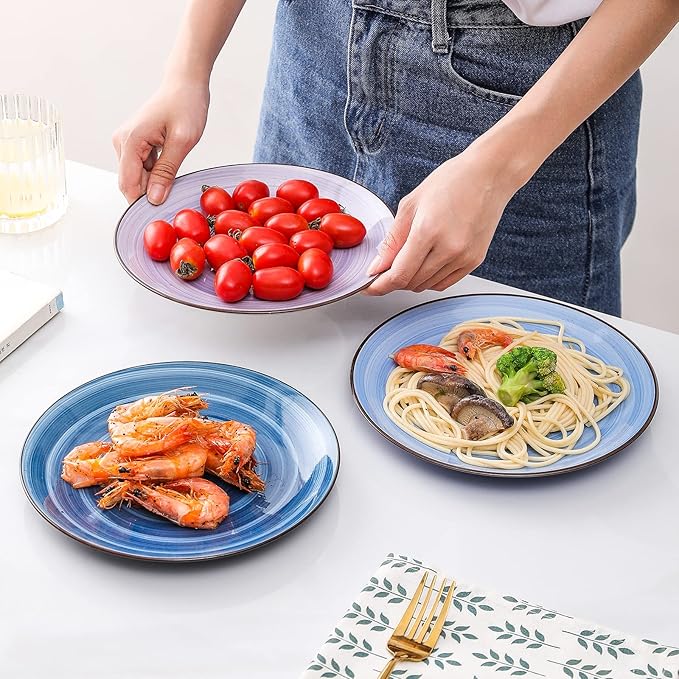 KitchenTour Ceramic Dinner Plates, 8 Inch Porcelain Serving Plate for Salad, Dessert Pizza Steak Pasta Plates Set, Dishwasher and Microwave Safe - Set of 6, Assorted Cool Colors