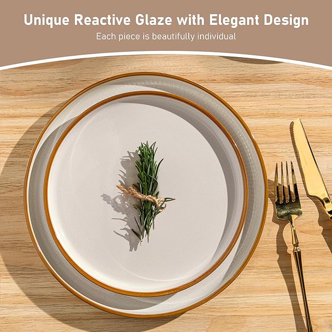GBHOME 24-Piece Stoneware Dinnerware Set for 8 – Ribbed Ceramic Plates and Bowls, Scratch-Resistant, Microwave & Dishwasher Safe, Reactive Glaze, White with Honey-Brown Edge