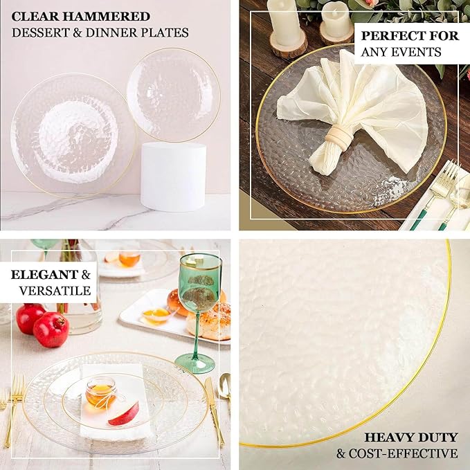 Efavormart 10 Pack | Transparent Blush Hammered 7" Round Plastic Dessert Appetizer Plates With Gold Rim, Disposable Salad Party Plate