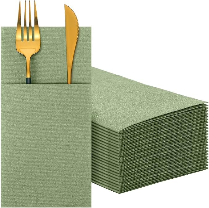 Cindeer 150 Pcs Sage Green Linen Dinner Feel Napkins with Built in Flatware Pocket Prefolded Paper Disposable Airlaid Guest Hand Towel for Silverware Wedding Reception Christmas Baby Shower