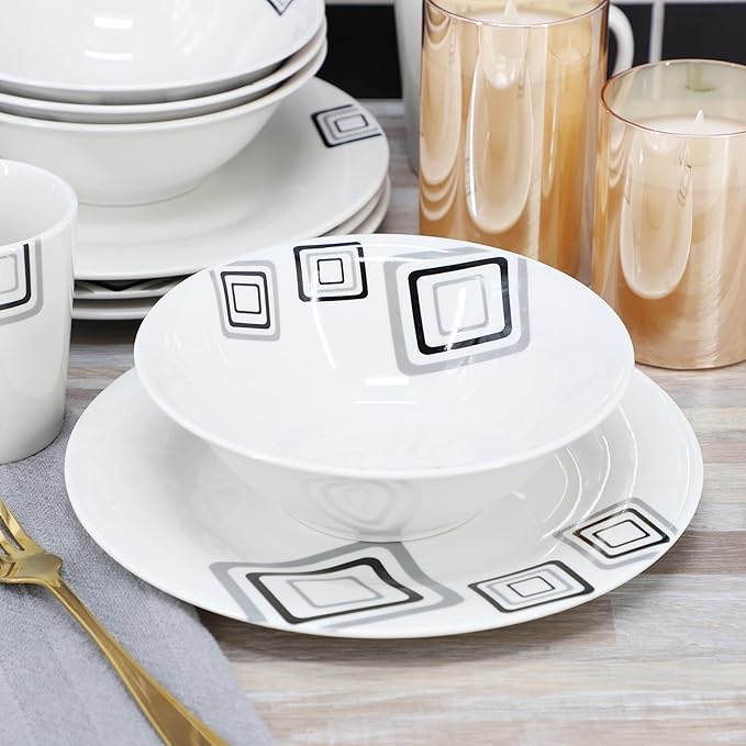Gibson Home Black Squares 12 Piece Round Fine Ceramic Dinnerware Set in White