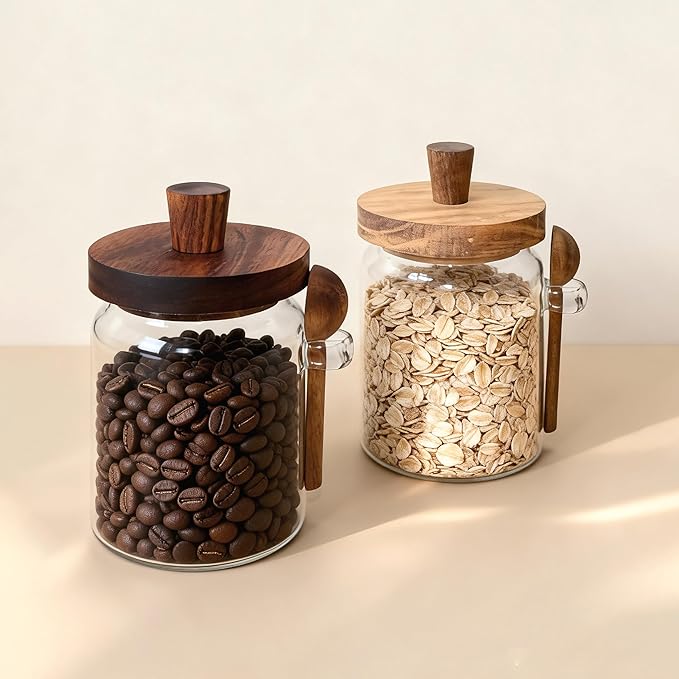 Glass Food Storage Jar with Acacia Wooden Lid and Spoon, Airtight Container for Cereals, Cookies, Snacks, Kitchen Canister Set (2 Pcs, Medium/20oz)