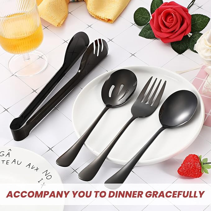 Patelai 8 Pcs Black Stainless Steel Serving Utensils Set 8.7" Large Spoons and Slotted Spoon 9.45" Tong 9" Forks Flatware Wedding Valentine's Day Holiday Party Buffet Banquet Cooking Kitchen Catering