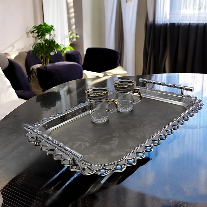 (Pack of 1) 16.5 inch x 11.8 inch Floral Shape Style Chrome Plated Silver Serving Tray with Handles Anti-Scratch Sticker Floral Engraved Edge Blue Bead Decor Wine Platter Plate FST-011
