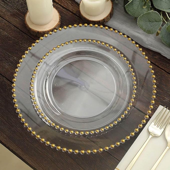 8" Salad Plates - Set of 20 - Plastic Clear Gold Round Disposable Dessert Appetizer Plate Beaded Rim, Ideal for Dinner Party Wedding Bulk Events