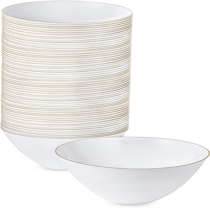 [16 OZ 40 Count] White Plastic Organic Party Soup bowls With Gold Rim Premium heavyweight Elegant Disposable Tableware Dishes