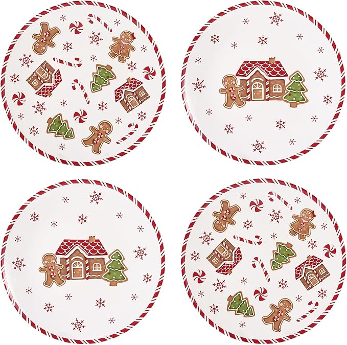 Bico Traditional Gingerbread Man Dinner Plates Set of 4, 11 Inch Large Ceramic Plates for Pasta, Steak, Stylish Serving Dishes, Microwave and Dishwasher Safe, Gift for Housewarming and Christmas