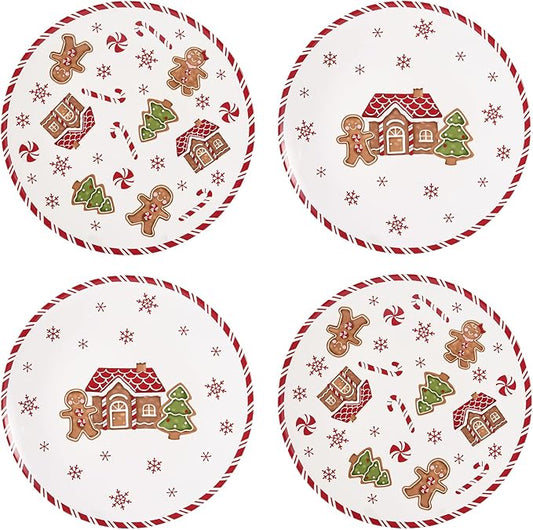 Bico Traditional Gingerbread Man Dinner Plates Set of 4, 11 Inch Large Ceramic Plates for Pasta, Steak, Stylish Serving Dishes, Microwave and Dishwasher Safe, Gift for Housewarming and Christmas
