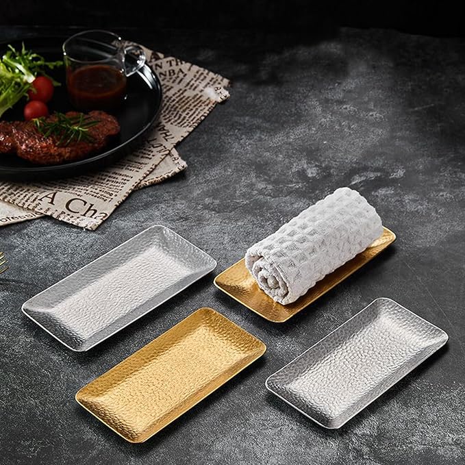 Hammered Rectangular Platter, Stainless Steel Serving Tray, Decorative Storage (1, Sliver)